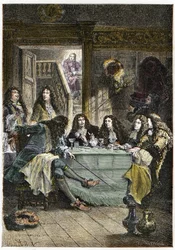 Un salon (Cabaret) réunissant les écrivains français Jean de La Fontaine (1621-1695), Nicolas Boileau-Despréaux (1636-1711), le dramaturge Jean Baptiste Poquelin dit Molière (1622-1673), et le poète Jean Racine (1639-1699)