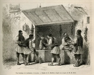 Une boutique de cordonnier et sa clientèle, à Livadie, dessin de D. Maillard, pour illustrer le récit de Henri Belle : Voyage en Grèce