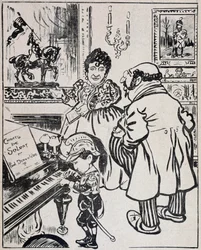 Une bronze usée, caricature avec des cuirassés, partition pour Deroulede au piano et statuette de Jeanne d