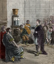 Une horloge à eau ou clepsydre à Athènes - Grèce antique - la clepsydre à Athènes - gravure dans «Sciences placées à la portée de tous - physique et chimie» par Alexis Clerc - fin du XIXe siècle - collection privée