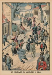 Un mariage sur des charrettes à bras, illustration de couverture arrière du Petit Journal, supplément illustré, 5 avril 1914