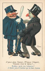 Un homme bien habillé demande du tabac à un policier (lithographie couleur)