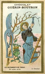 Chromolithographie publicitaire des chocolats Guerin Boutron, instruments de travail, 84 sujets variés, sécateurs