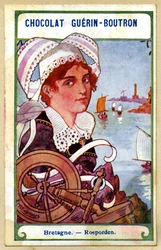Chromolithographie publicitaire des chocolats Guérin Boutron, les coiffes des régions de France, Bretagne, Rosporden, illustration Emile Jammes
