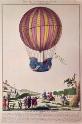 Aérostat : la deuxième tentative de vol en ballon. Charles et Robert descendent sur la Prairie de Nesle, près de Paris, après un voyage en ballon à gaz hydrogène le 01/12/1783. Gravure du XVIIIe siècle