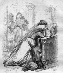 Agnès de Méranie ou Méran (1172-1201), reine de France, envoyée au couvent par le roi Philippe Auguste. Gravure dans « Histoire des papes (...) Crimes des reines, rois et empereurs à travers les siècles » par Maurice Lachatre