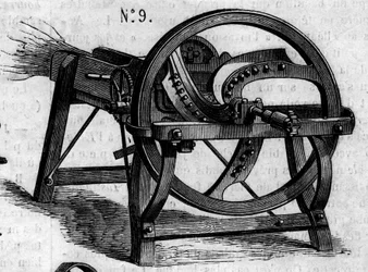 Machine agricole : une hache anglaise présentée au concours agricole de Paris en 1860. Gravure dans « Le Monde Illustré » n°169 du 7 juillet 1860