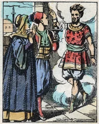 Aladin et sa mère frottent la lampe magique et font apparaître le génie. Gravure du conte des Mille et Une Nuits « Aladin et la Lampe Merveilleuse ». Imagerie d