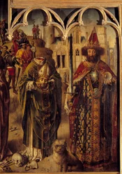 Retable du Parlement de Paris : détail de la partie droite représentant le martyr chrétien Saint Denis de Paris (3ème siècle) décapité tenant sa tête dans ses mains, à côté de lui l