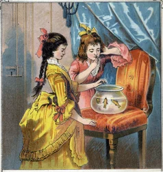 Amélie et Emma ont deux jolis poissons rouges dans un bocal. Elles les nourrissent régulièrement. Chromolithographie de “Scènes enfantines” éd. Guérin - Muller vers 1885.