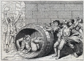 Persécution antisémite au 17e siècle : un juif roule dans un tonneau par les habitants de Rome. Illustration de « Meo Patacca », poème de Giuseppe Berneri (1637-1700). Gravure de Bocourt.