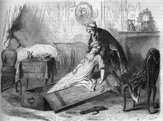 Antoine-François Desrues (1744-1777) empoisonneur français met le corps de sa victime Madame de La Motte dans une malle - Gravure dans « Causes célèbres de tous les peuples » par Armand Fouquier (1817-18?) 1858-1867 - collection privée