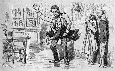 Punition appliquée par un enseignant sur un élève dans un pensionnat. Gravure dans le journal illustré « La jeunesse »