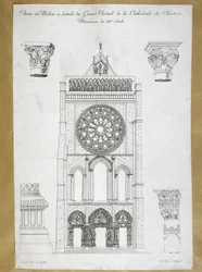 Architecture : vue du grand portail de la Cathédrale de Chartres - Monument du XIIe siècle, planche du XIXe siècle