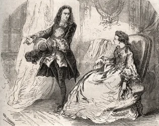 Armande Béjart (1641-1700), épouse de Jean-Baptiste Poquelin, dit Molière (1622-1673), avec son amant, le comte de Guiche. Gravure de 1871 dans «Histoire des Cocus Célèbres» de Henry de Kock (1819-1892).