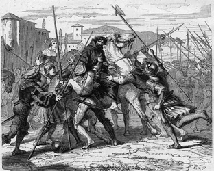 Arrestation de Ludovic Marie Sforza dit le More (1452-1508) à Milan en 1500 : trahi par des mercenaires suisses, il tomba aux mains de l