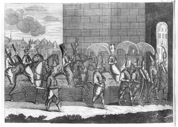 Arrivée du sultan Mustafa à Constantinople, de Voyages de Sr A. de la Motraye en Europe, Asie et Afrique, publié en 1727