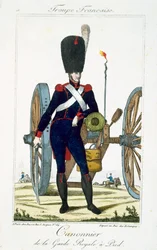 Artilleur de la Garde Royale avec un canon, de Troupes Françaises, pub. chez Basset, Paris, vers 1790