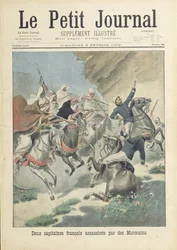 Assassinat de deux capitaines français de la Légion étrangère par des Marocains de la tribu des Beni-Smir, illustration de couverture du « Le Petit Journal », 9 février 1902