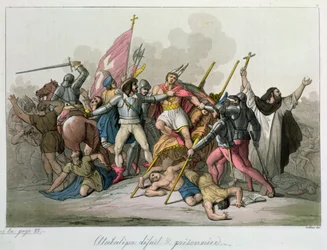 Atahualpa vaincu et fait prisonnier par les troupes de Francisco Pizarro, 1820