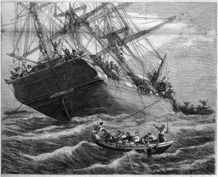 Attaque et pillage par des pirates malais des trois mats français « Pauline et Victoire » dans le détroit de Torres (Océanie), en 1859. Dessin de M. Durant Brager. Gravure de Linton dans « Le Monde Illustré » n°94 du 29 janvier 1859.