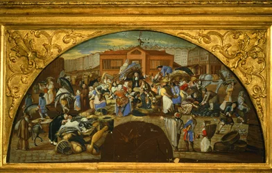 Vente aux enchères de poissons aux Halles de Paris (peinture sur toile)