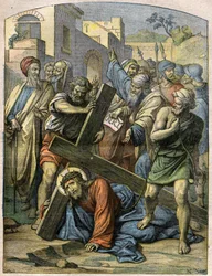 Scène biblique - Chemin de croix : Jésus tombe une deuxième fois. Gravure dans « Le Pèlerin » du 29 novembre