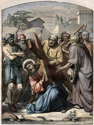 Scène biblique - Chemin de croix : Jésus aidé par Simon de Cyrène. Gravure dans "Le Pèlerin" du 13 septembre 1896
