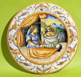 Assiette de naissance représentant le nouveau-né enveloppé dans des langes, de Lyon (faïence)
