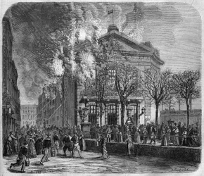 Brest, incendie du théâtre le 11 mars 1866, construit en 1766 par Choquart de Lindu, gravure d