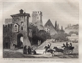 Pyramide de Caius Cestius et Porte Saint-Paul à Rome - Gravure de « L