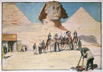 Caravane de touristes photographiée devant le Sphinx à Gizeh