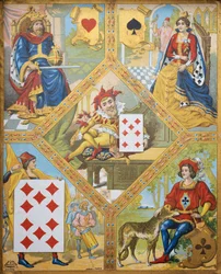 Jeu de cartes, assiette avec Roi de cœur, Reine de pique, Dix de carreau et Valet de trèfle, nain Lindoro avec Sept de carreau au centre, France