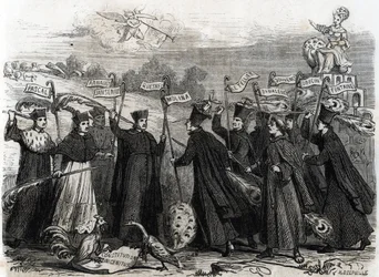 Caricature sur Unigenitus, une constitution apostolique sous forme de bulle papale promulguée par le pape Clément XI en 1713, ouvrant la phase finale de la controverse janséniste en France 1713 (gravure)