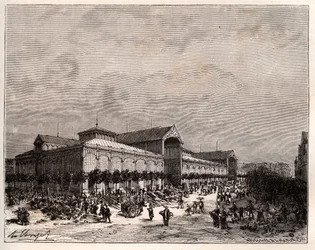 Les Halles centrales à Paris au XIXe siècle - gravure dans «La France illustrée: géographie, histoire, administration statistique» par V.A. Malt-Brown. 1884