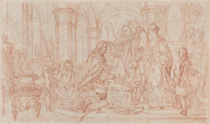 Cérémonie de consécration (craie rouge sur graphite, quadrillé et incisé pour transfert sur papier vergé)