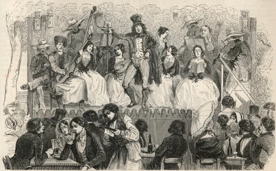 Champs-Élysées - Chanteurs devant le café Morel - Gravure dans « Tableau-de-Paris » par Edmond Texier 1852