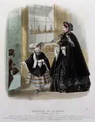 Charité dans une pâtisserie, illustration du Moniteur de la Mode, 1852