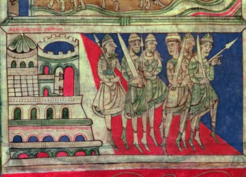 Charlemagne quittant Aix-la-Chapelle pour se rendre à Saint-Jacques-de-Compostelle, miniature du 