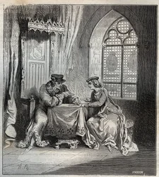 Charles VI (1380-1422) et Odette de Champdivers - Le roi Charles VI de France, connu sous le nom de Charles le Bien-Aimé, puis Charles le Fol (1368-1422) avec sa maîtresse Odinette (Odette) de Champdivers (vers 1390-vers 1425) jouant aux cartes gravure de 