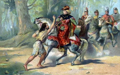 Charles VI en proie à la folie dans la forêt du Mans. Chromolithographie de la fin du XIXe siècle