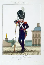Chasseur de la Garde nationale, tiré de Troupes Françaises, publié chez Basset, Paris, vers 1790