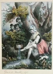 Enfants espionnant une jeune fille lavant ses pieds dans un ruisseau, vers 1840