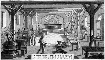 Fabrication du chocolat : vue intérieure des ateliers de M. Masson, Paris