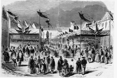Fête de Noël en Alsace : la Foire de Noël (du Petit Jésus) à Strasbourg en 1857. Gravure dans « Le Monde Illustré » n°38 du 2 janvier