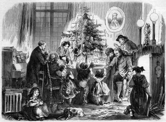 Fête de Noël en Alsace : une famille réunie autour du sapin de Noël. Gravure dans "Le Monde Illustré" n°38 du 2 janvier
