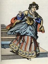 Cendrillon fuyant le bal, apparaît sa chaussure de verre. Illustration du conte de Charles Perrault « Cendrillon ou La petite pantoufle de verre »