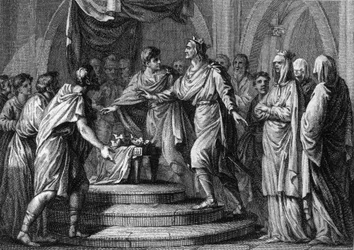 Clotaire II (584-628), présidant le premier "Champ de mars", ou Placita (Plaids), un parlement ambulant, après la réunification des quatre royaumes de France en 613. Gravure du XVIIIe siècle.