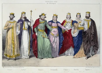 Clotaire I, Caribert, Chilpéric, Frédégonde, Clotaire II, Nantilde, Dagobert I - dans "La monarchie française en estampes"