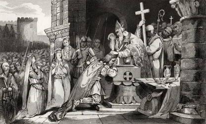 Clovis I (465-511) baptisé avec des hommes de son armée avant la bataille de Tolbiac, de 